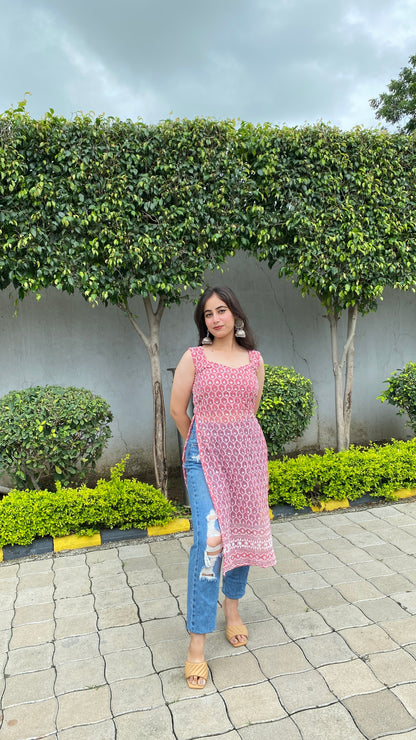Pink Tie Me Up Chikankari Kurti