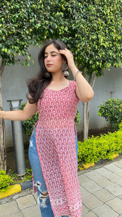 Pink Tie Me Up Chikankari Kurti