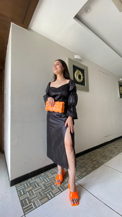 Black Satin Slit Dress