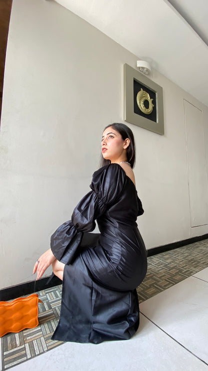 Black Satin Slit Dress