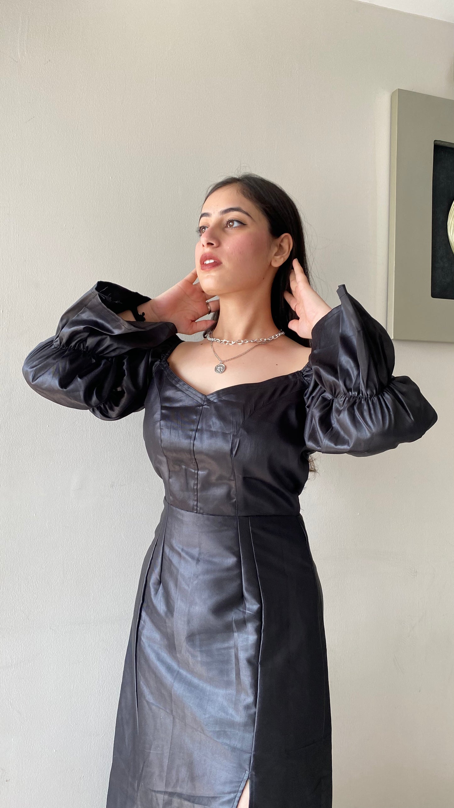 Black Satin Slit Dress