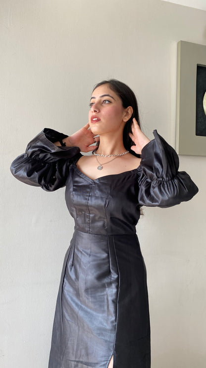 Black Satin Slit Dress