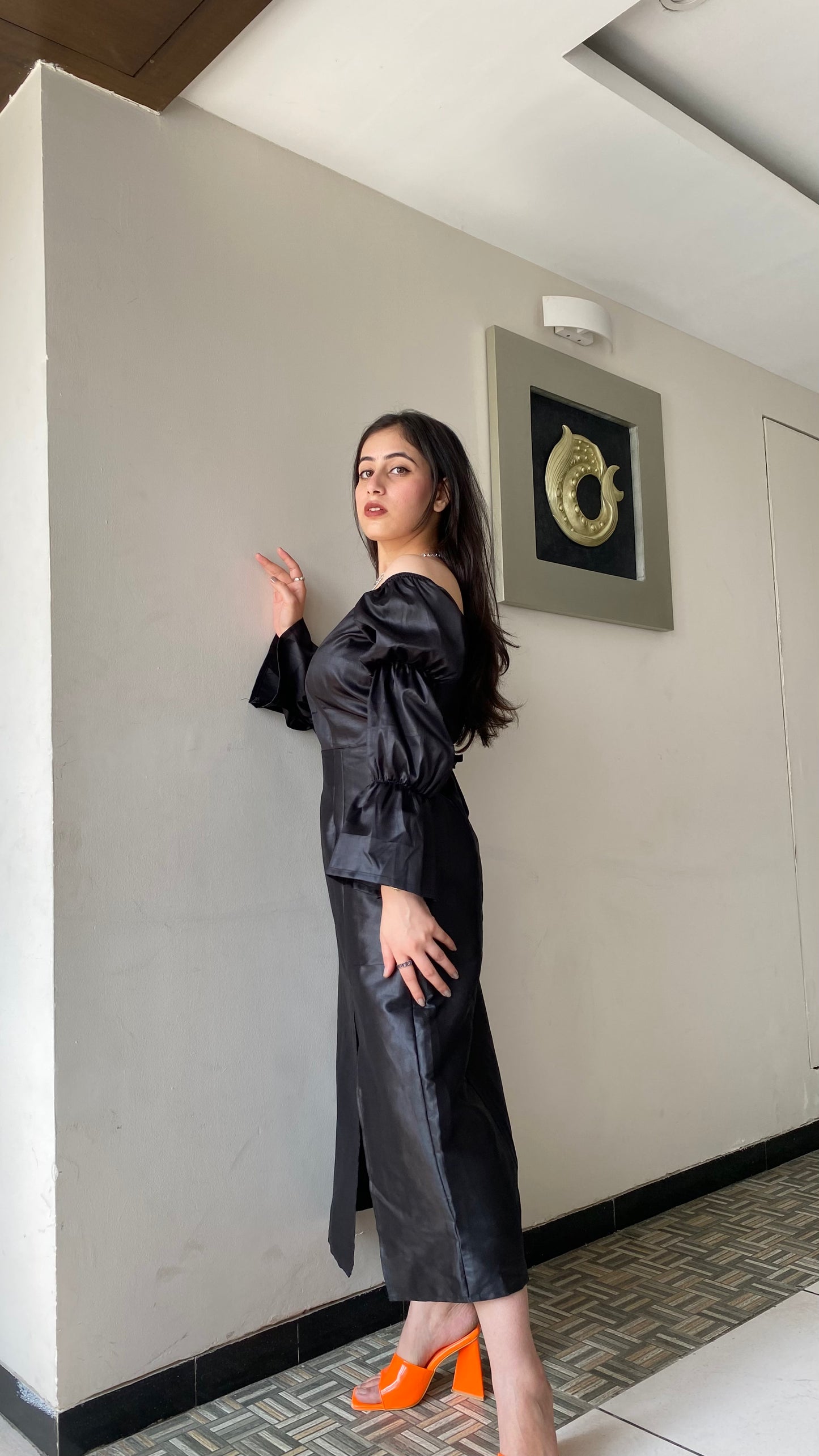 Black Satin Slit Dress
